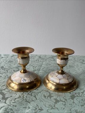 Vintage Brass & Mother of Pearl Candlestick Holders (Pair)
